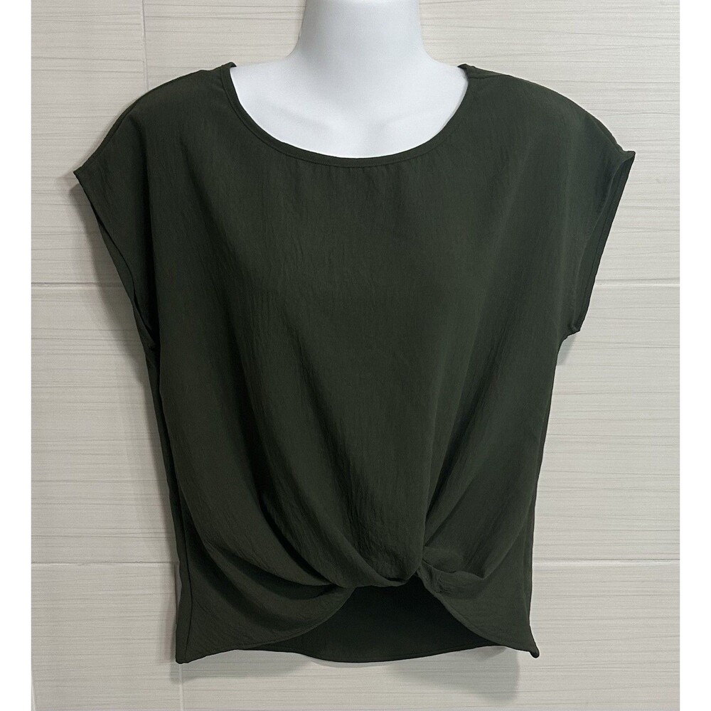 Gilli Olive Green Twist Front Blouse Cap Sleeve Crinkle Sm, Office Casual Earth